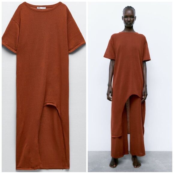 KNIT LINEN BLEND DRESS WITH SLIT - Picture 1 of 9